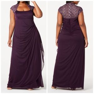 X by Xscape Deep Purple Long Lace & Chiffon Overlay Dress Plus Size 18W